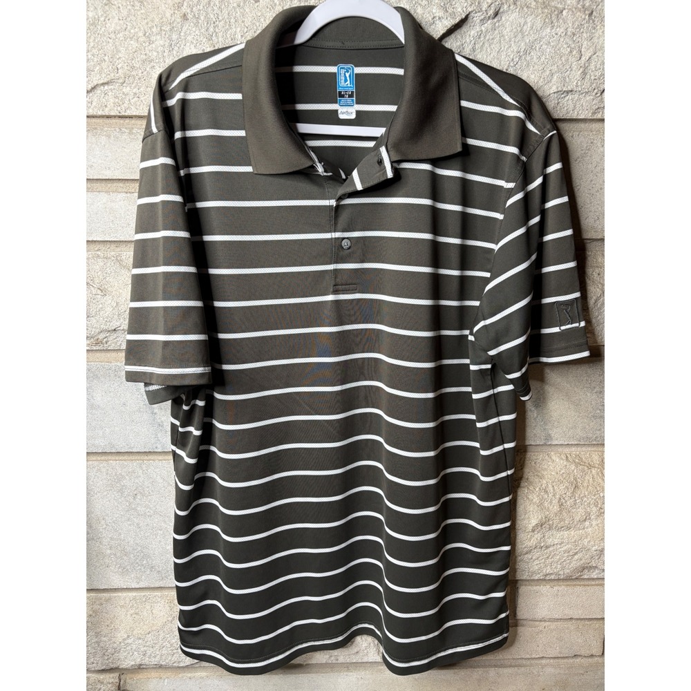 PGA Tour Airflux Mens XL Polo Shirt Black White Striped Short‎ Sleeve Golf Top